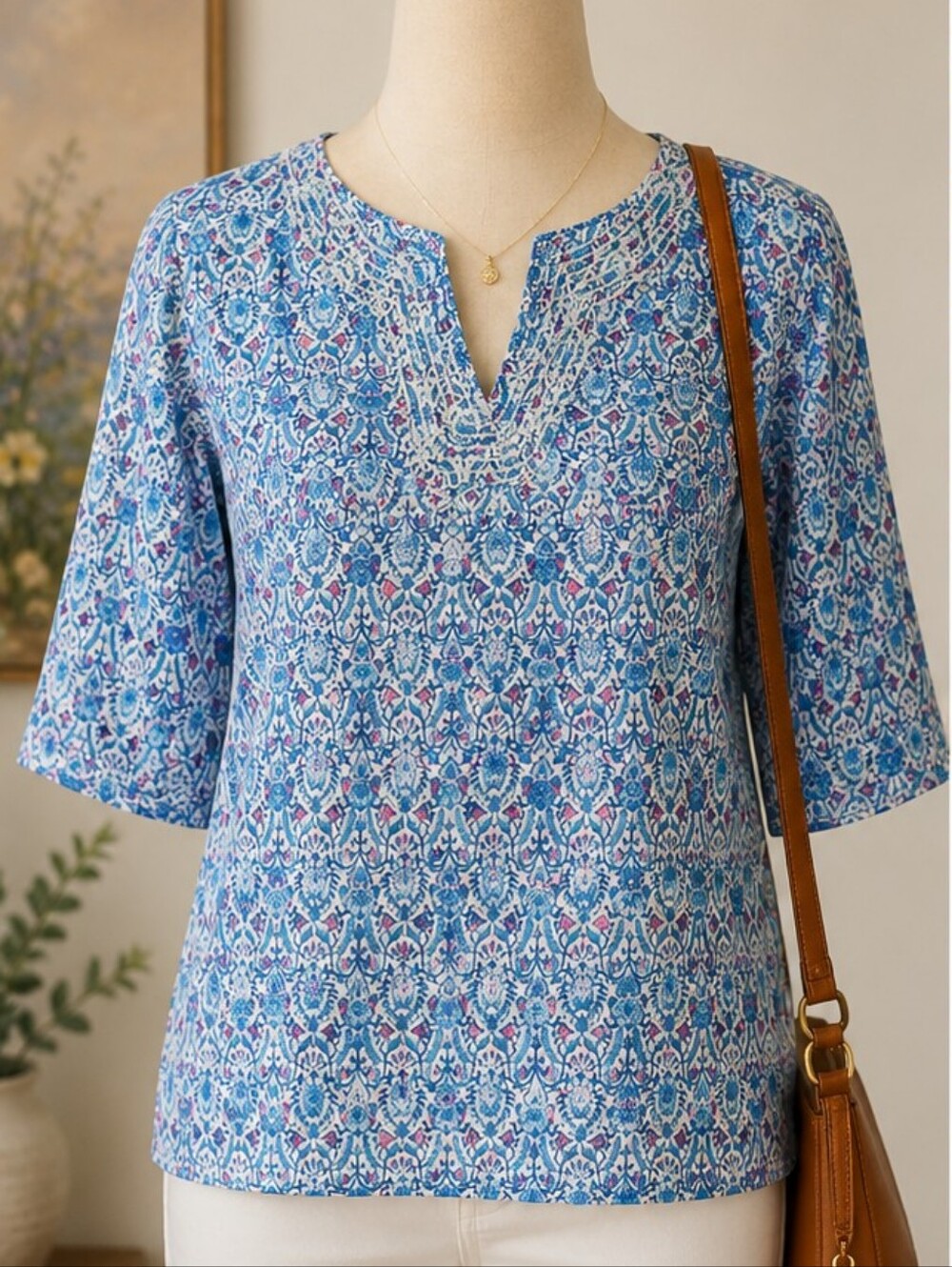 Talbots 100% Cotton Floral Print Top | Embroidered Neckline